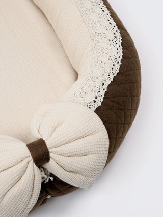 Premium Cream & Brown Bow Design Baby Nest Bed with Mosquito Net & Pillow – Soft Newborn Lounger - Kidulan
