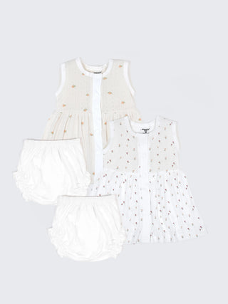 Baby Cotton Frock & Bloomer Set – Peach Dot & Tiny Floral Print Sleeveless Frock - Kidulan