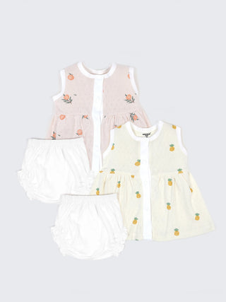 Baby Cotton Frock & Bloomer Set – Peach Fruit Print & Pineapple Print Sleeveless Baby Frock Combo (2 Sets) - Kidulan