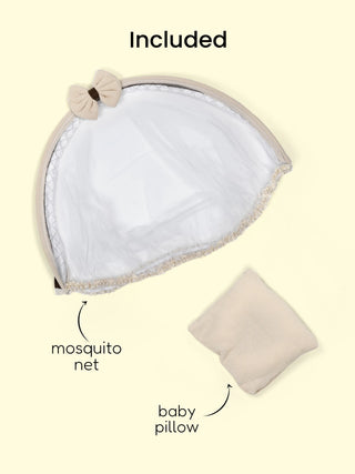 Premium Cream & Brown Bow Design Baby Nest Bed with Mosquito Net & Pillow – Soft Newborn Lounger - Kidulan