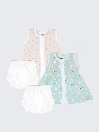 Baby Cotton Frock & Bloomer Set – Mint Daisy Print & Soft Pink Tiny Floral Sleeveless Baby Frock Combo (2 Sets) - Kidulan