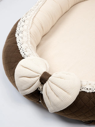 Premium Cream & Brown Bow Design Baby Nest Bed with Mosquito Net & Pillow – Soft Newborn Lounger - Kidulan
