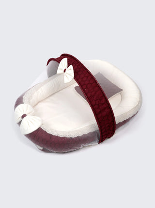 Premium Elegant Maroon Bow Design Baby Nest Bed with Mosquito Net & Pillow – Soft Newborn Lounger - Kidulan