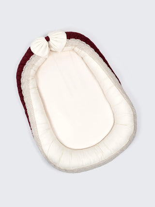 Premium Elegant Maroon Bow Design Baby Nest Bed with Mosquito Net & Pillow – Soft Newborn Lounger - Kidulan