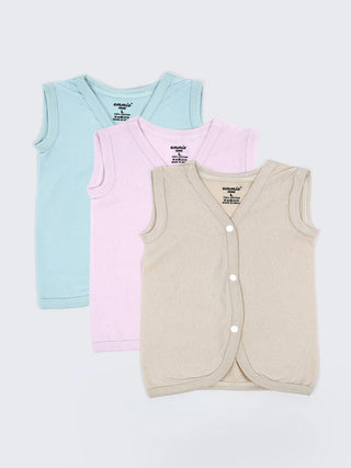 Baby Cotton Sleeveless Jabla Set – Solid Pastel Colors Front Open Newborn Vest Combo (3 Pieces) - Kidulan