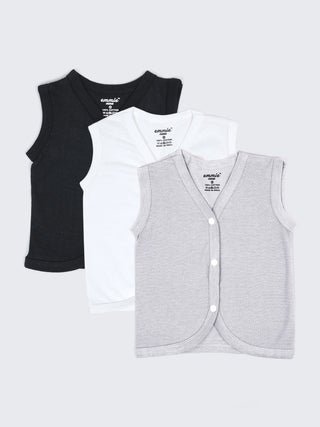 Baby Cotton Jabla Set – Sleeveless Front Open Vest Combo (Black, White & Grey – Pack of 3) - Kidulan