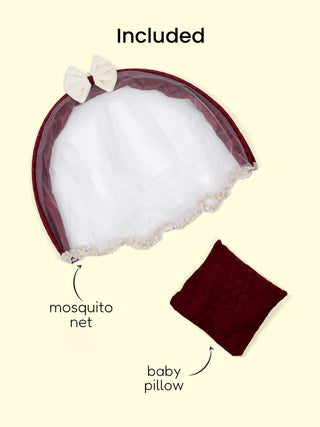 Premium Elegant Maroon Bow Design Baby Nest Bed with Mosquito Net & Pillow – Soft Newborn Lounger - Kidulan