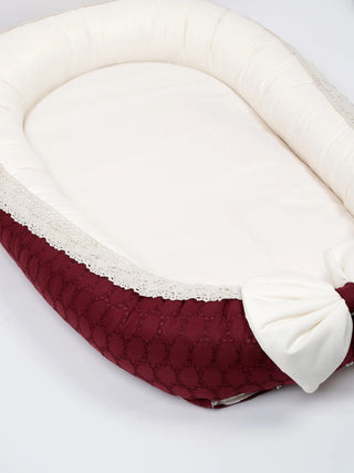 Premium Elegant Maroon Bow Design Baby Nest Bed with Mosquito Net & Pillow – Soft Newborn Lounger - Kidulan