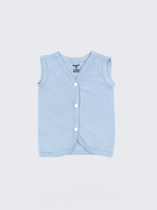 Baby Cotton Jabla Set – Solid Pastel Blue Sleeveless Front Open Baby Vest Combo (2 Pieces) - Kidulan