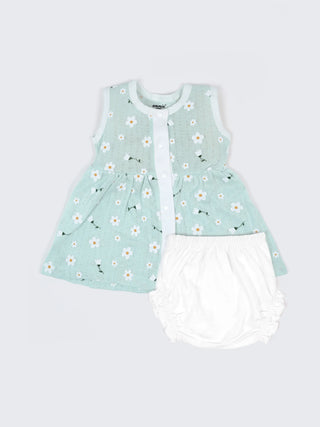 Baby Cotton Frock & Bloomer Set – Mint Daisy Print & Soft Pink Tiny Floral Sleeveless Baby Frock Combo (2 Sets) - Kidulan