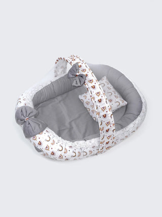 Premium Rainbow Print Grey Design Baby Nest Bed with Mosquito Net & Pillow – Soft Newborn Lounger - Kidulan