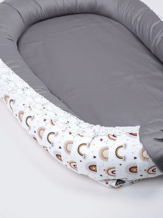 Premium Rainbow Print Grey Design Baby Nest Bed with Mosquito Net & Pillow – Soft Newborn Lounger - Kidulan