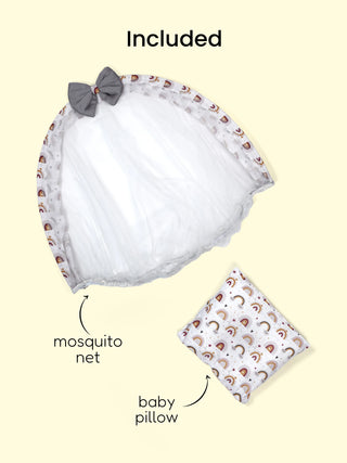Premium Rainbow Print Grey Design Baby Nest Bed with Mosquito Net & Pillow – Soft Newborn Lounger - Kidulan