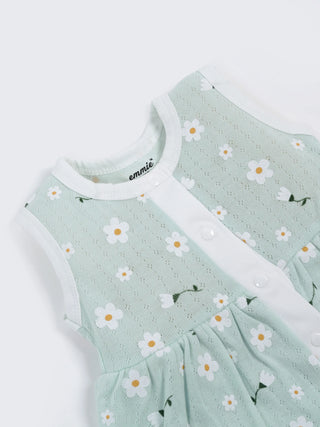 Baby Cotton Frock & Bloomer Set – Mint Daisy Print & Soft Pink Tiny Floral Sleeveless Baby Frock Combo (2 Sets) - Kidulan
