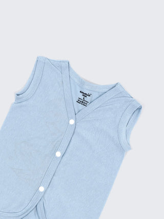 Baby Cotton Jabla Set – Solid Pastel Blue Sleeveless Front Open Baby Vest Combo (2 Pieces) - Kidulan
