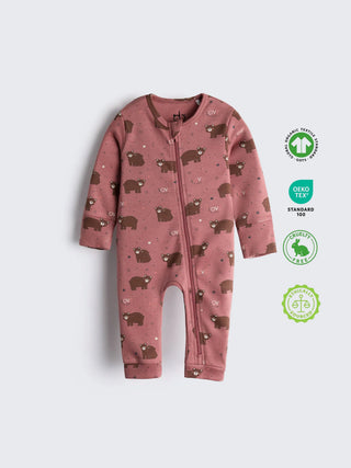 Organic Cotton Pink Bear Print Full Sleeve Zip Romper - Kidulan