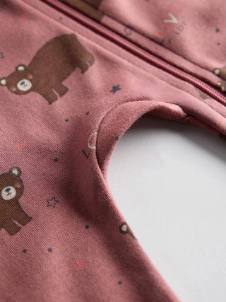 Organic Cotton Pink Bear Print Full Sleeve Zip Romper - Kidulan