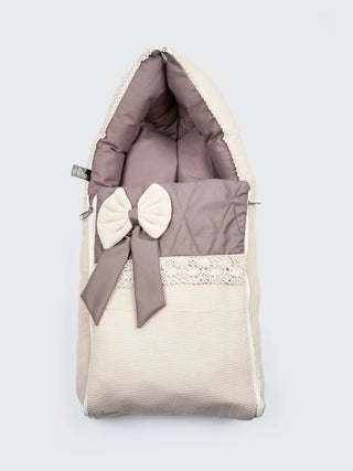 Baby Carry Nest – Quilted Beige & Mocha Soft Newborn Sleeping Bag with Bow Detail - Kidulan