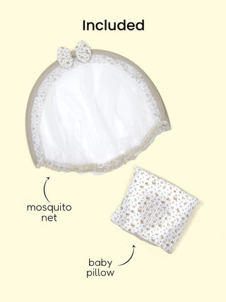 Premium Pintrestive Nest Bed – Beige & Cream Floral with Mosquito Net & Pillow - Kidulan