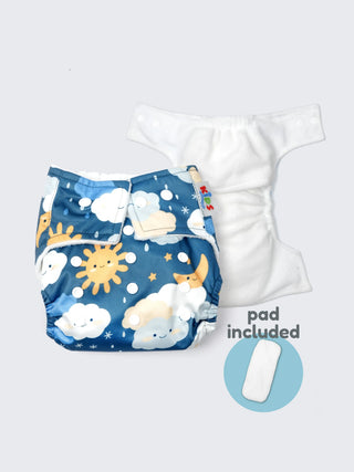 Reusable Diaper Sun & Cloud Print Baby Cloth Diaper with Insert – Adjustable Washable Pocket Diaper - Kidulan