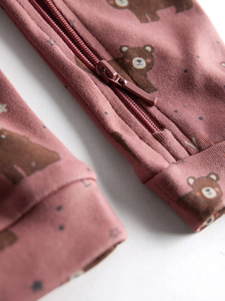 Organic Cotton Pink Bear Print Full Sleeve Zip Romper - Kidulan