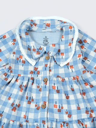 Blue Floral Checkered Baby Girl Frock with Collar & Bow - Kidulan