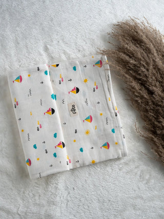 FETO COTTON MUSLIN SWADLE WRAP - BOAT FISH OFF WHITE - Kidulan