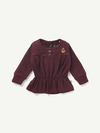 BABY GIRL SOLID FROCK CO-ORD SET - SUPER MAROON - Kidulan