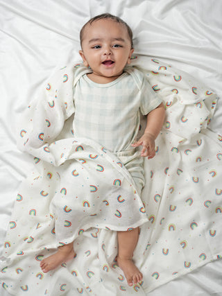 FETO COTTON MUSLIN SWADLE WRAP - BLUE RED RAINBOW - Kidulan