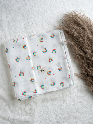 FETO COTTON MUSLIN SWADLE WRAP - BLUE RED RAINBOW - Kidulan