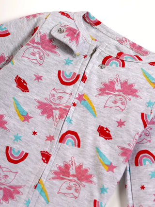Full sleeve greyish violet & rainbow patterns zipper sleepsuit with cap for baby - Kidulan