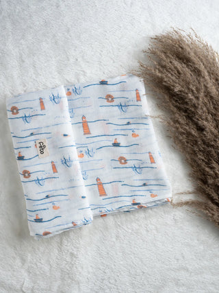 FETO COTTON MUSLIN SWADLE WRAP - BLUE SEA - Kidulan