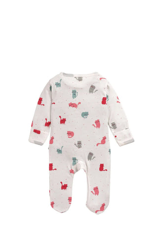 Full sleeve cat patterns in white zipper sleepsuit with cap for baby - Kidulan