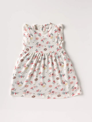 Sleeveless pink flower pattern in white frock for baby girls - Kidulan