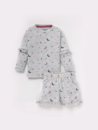 Full sleeve Graphic Pattern in Black & Grey frill set for baby girl - Kidulan