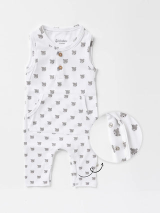 Sleeveless grey teddy pattern in white dungaree for baby - Kidulan