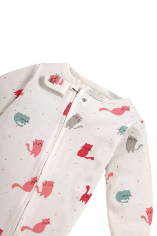 Full sleeve cat patterns in white zipper sleepsuit with cap for baby - Kidulan