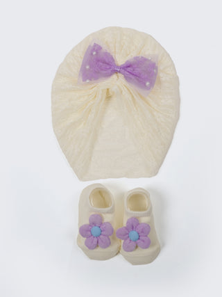 Baby Turban Cap & Booties Set - Cream With Purple - Kidulan