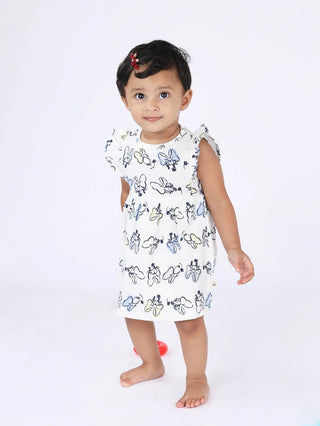 Sleeveless blue minnie mouse pattern in white frock for baby girls - Kidulan