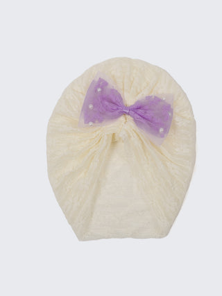 Baby Turban Cap & Booties Set - Cream With Purple - Kidulan