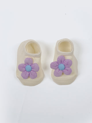 Baby Turban Cap & Booties Set - Cream With Purple - Kidulan