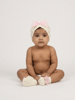 Baby Turban Cap & Floral Booties Set - Yellow With Pink - Kidulan