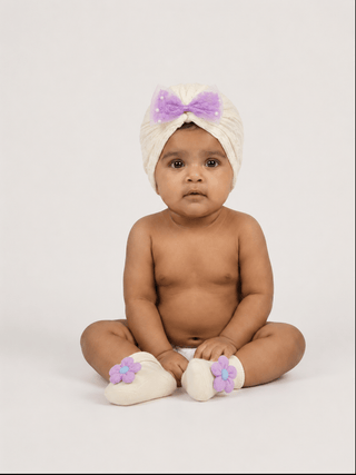 Baby Turban Cap & Booties Set - Cream With Purple - Kidulan