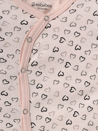 Full sleeve black heart shaped pattern in soft pink with closure snap button sleeping gown for baby - Kidulan