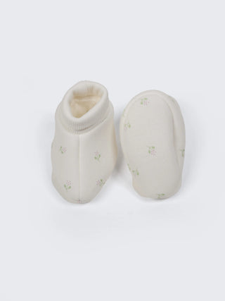 Baby Cotton Booties Soft Cream Floral Print - 0-3 Months - Kidulan