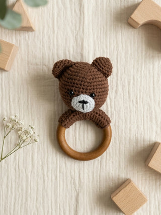 Crochet Bear Wooden Ring Rattle-Brown - Kidulan