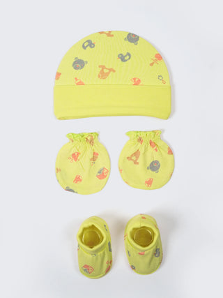 Newborn Cap, Mittens & Booties Set – Yellow Print - Kidulan