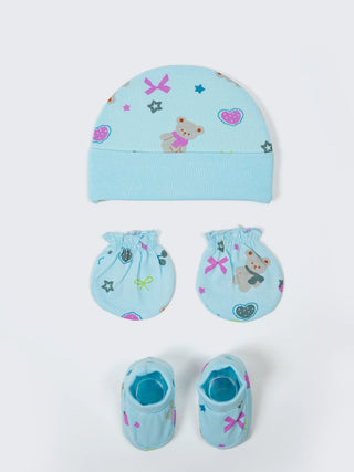 Newborn Cap, Mittens & Booties Set – Blue With Bear Print - Kidulan