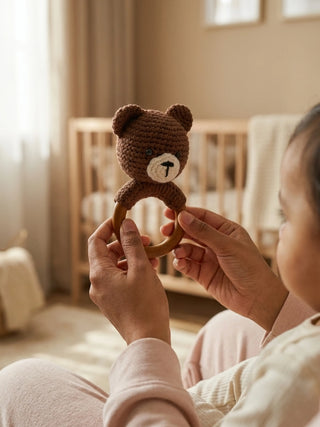 Crochet Bear Wooden Ring Rattle-Brown - Kidulan