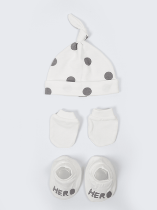Baby Cap, Mittens & Booties Set – Polka Dot Hero - Kidulan